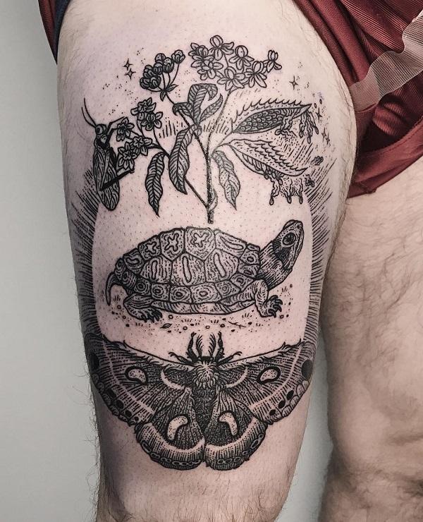 Botanical turtle and moth tattoo