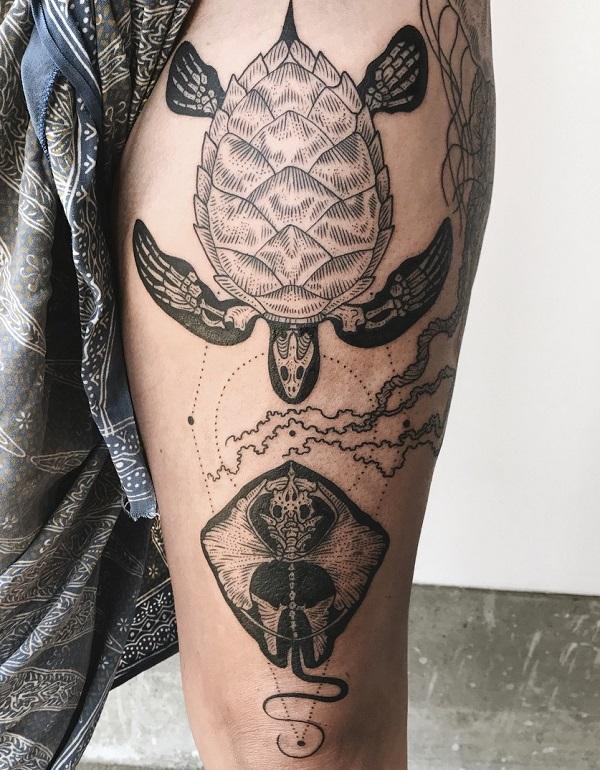 Hawksbill turtle and stingray skeleton tattoo