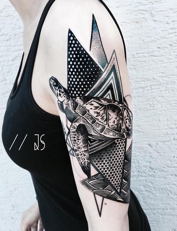 Geometric Turtle half sleeve tattoo