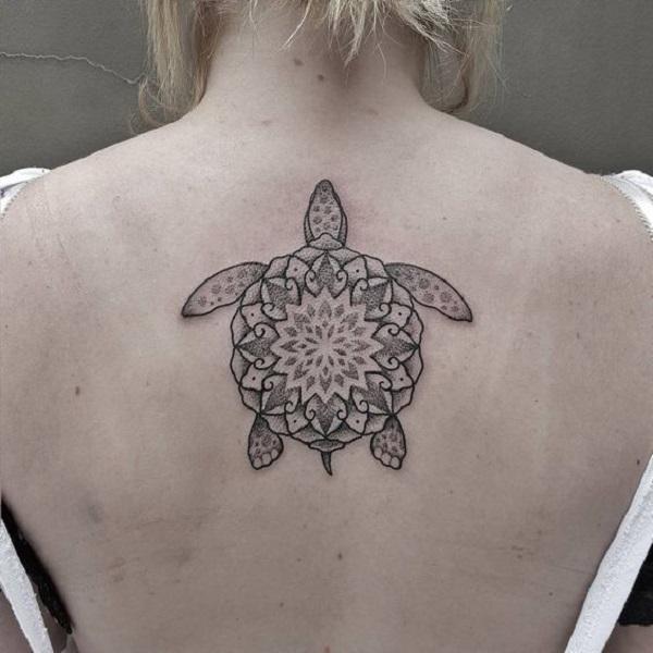 Mandala turtle back tattoo black and grey