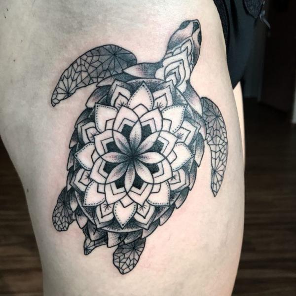 Female mandala turtle tattoo black and white