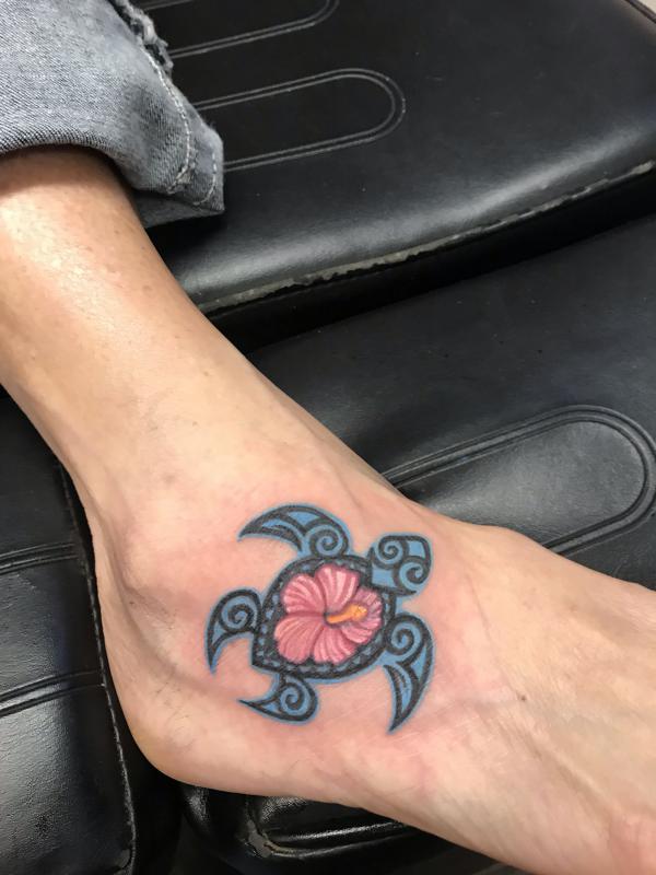 Hawaiian tribal turtle with hibiscus foot tattoo