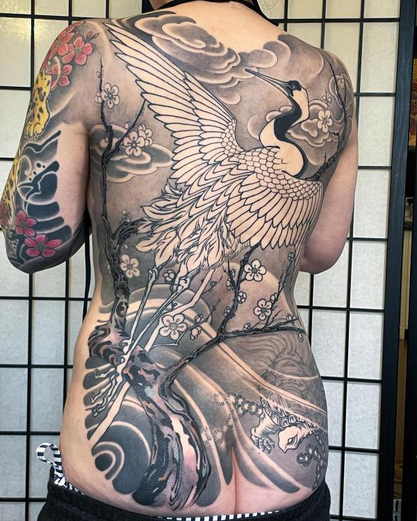 Japanese crane and turtle full back tattoo