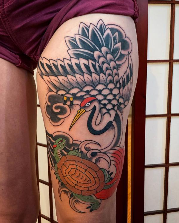 Japanese crane and turtle thigh tattoo