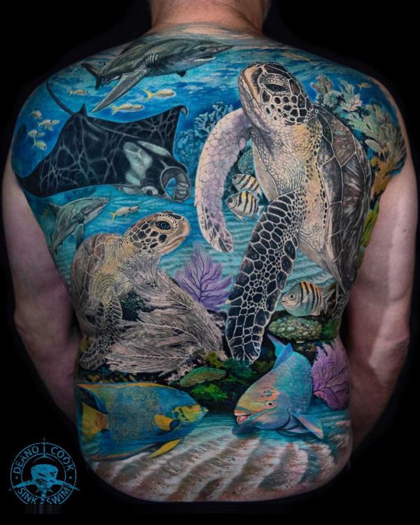 Realistic sea turtles ray and gold fish full back tattoo