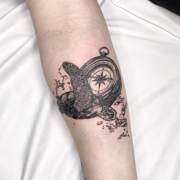 Turtle and compass tattoo