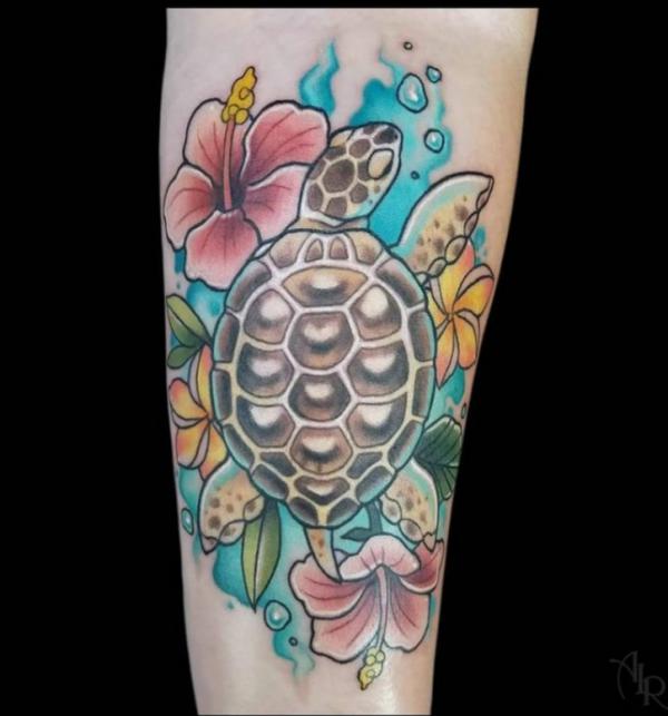 Turtle and hibiscus tattoo