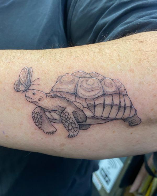 Turtle with butterfly tattoo