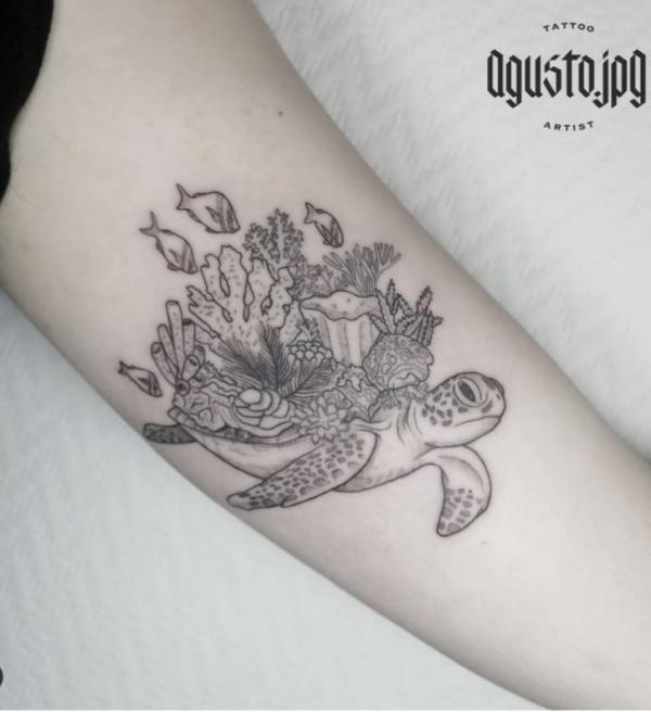 Turtle with ocean fish and plants tattoo black and grey