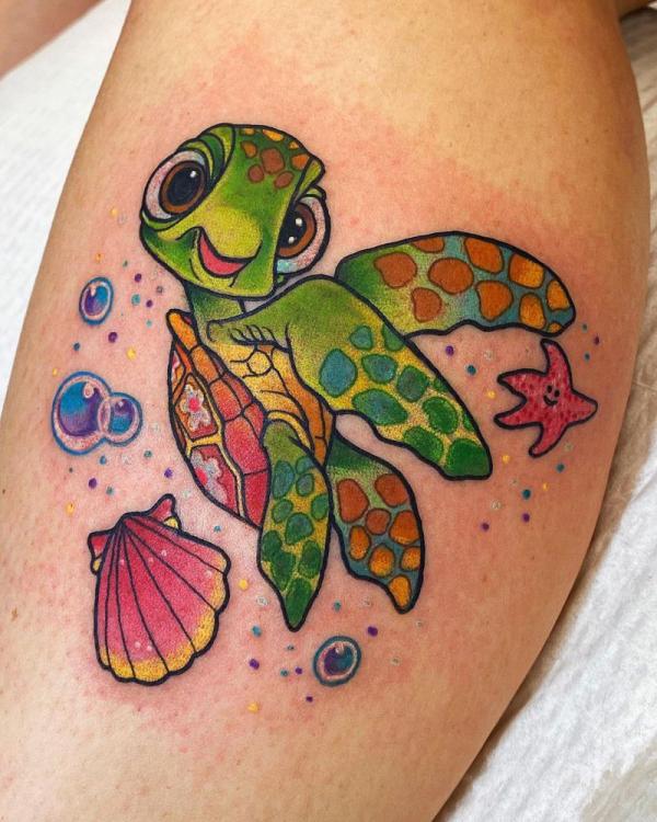baby turtle with shell and starfih tattoo