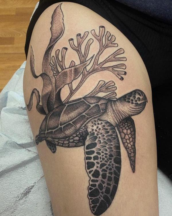 turtle with ocean plant thigh tattoo black and grey