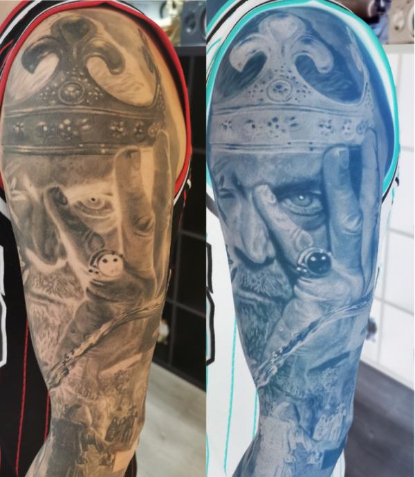 An inverted Hamlet ghost tattoo by Janis VII in Element Tattoo Oslo