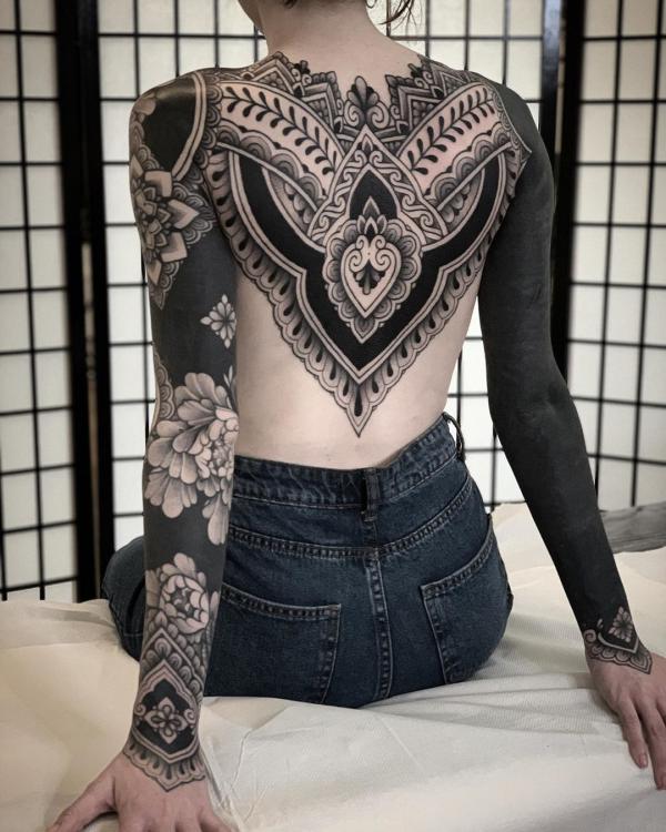 Blackwork full sleeve and back tattoo