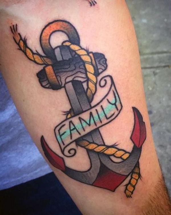 Anchor with word family tattoo