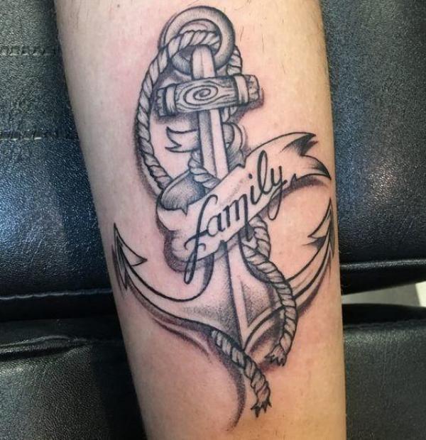 Black and grey anchor family tattoo