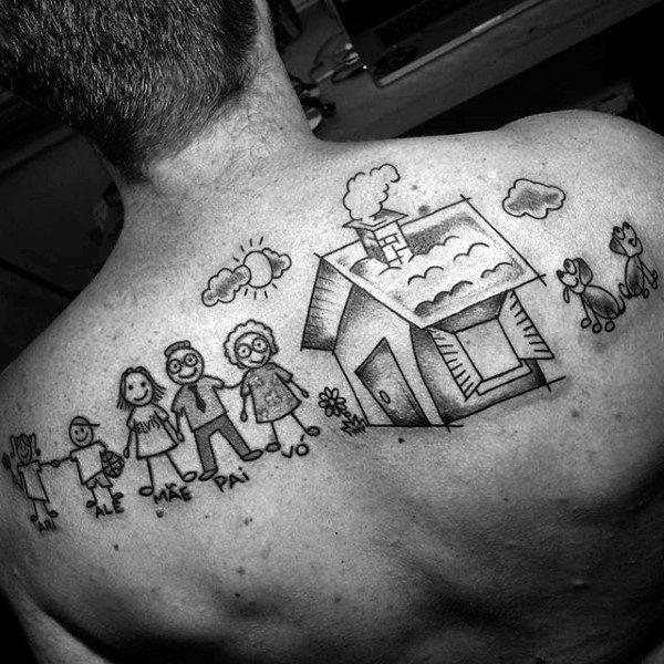Black and grey cartoon family tattoo on back