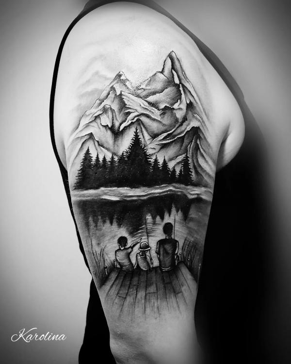 Black and grey family and mountain tattoo