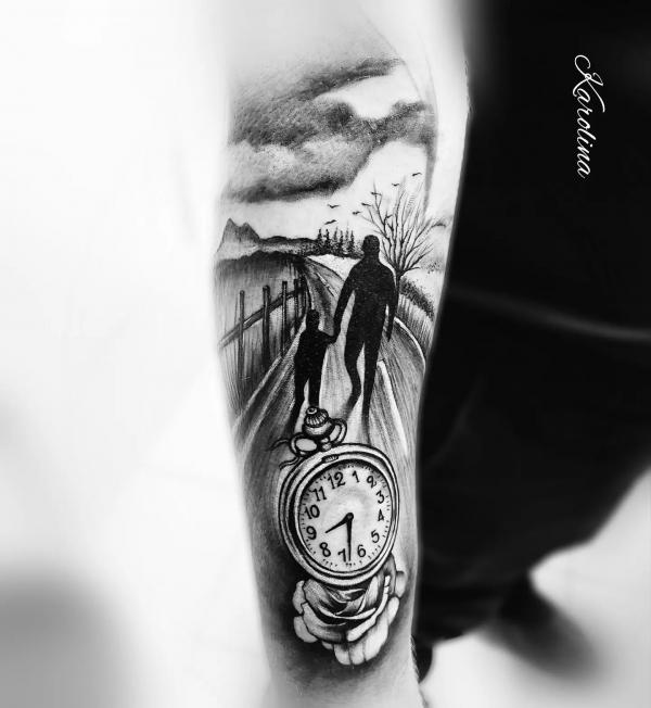 Black and grey father and sun with pocket watch and rose tattoo