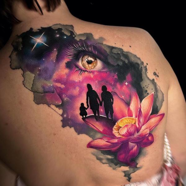 Celestial family with eye and lotus tattoo on shoulder