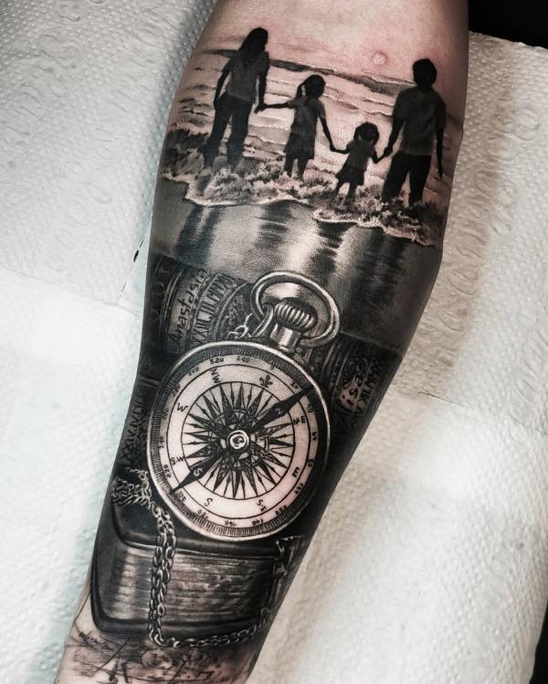 Family beach and compass tattoo