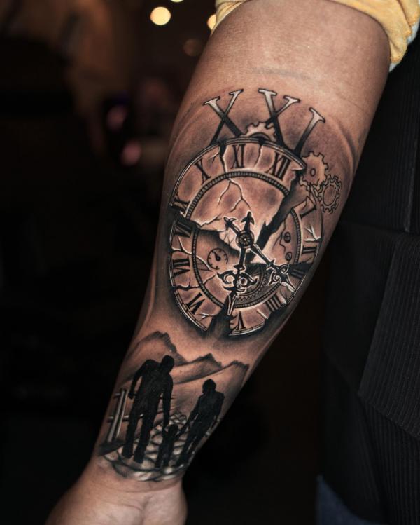 Family and broken clock tattoo