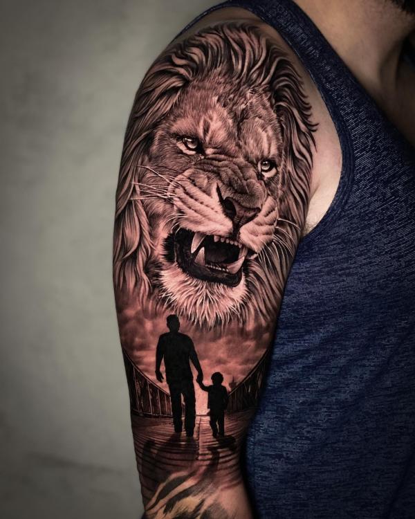Family and lion tattoo half sleeve tattoo