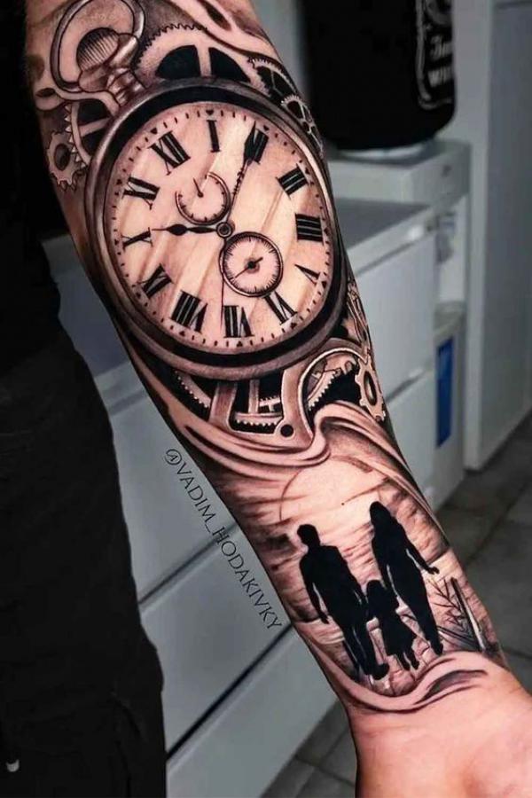 Family and pocket watch mechanic tattoo