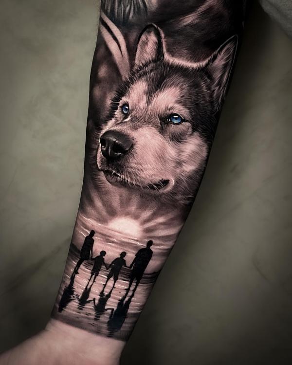 Family and wolf tattoo