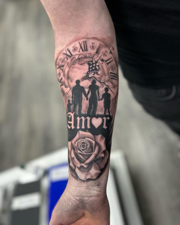 Family with clock and rose tattoo