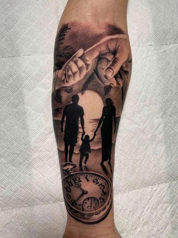 Family with hands and pocket watch tattoo