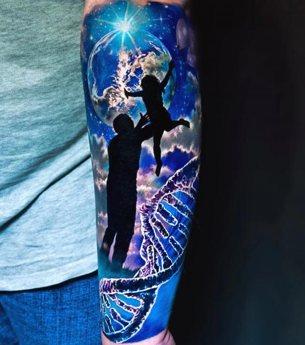 Father and daughter with DNA strand half sleeve tattoo