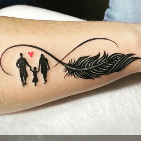 Infinity with family and feather tattoo