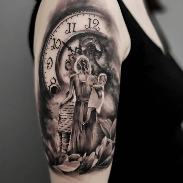 Mother and children with clock tattoo