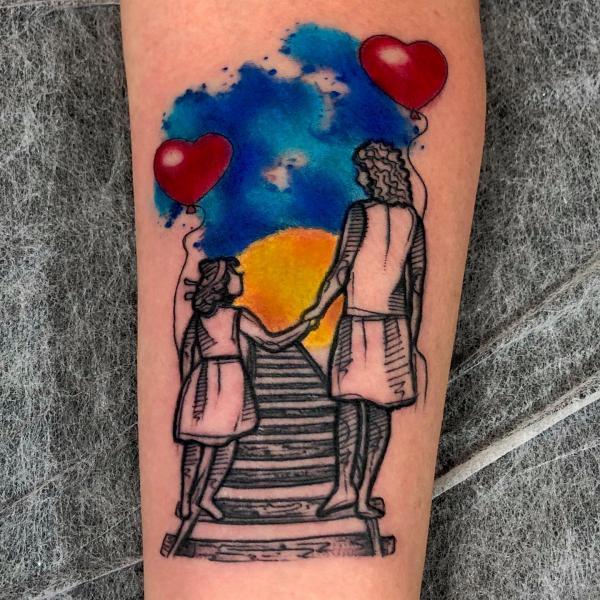 Mother and daughter walking up stairs tattoo