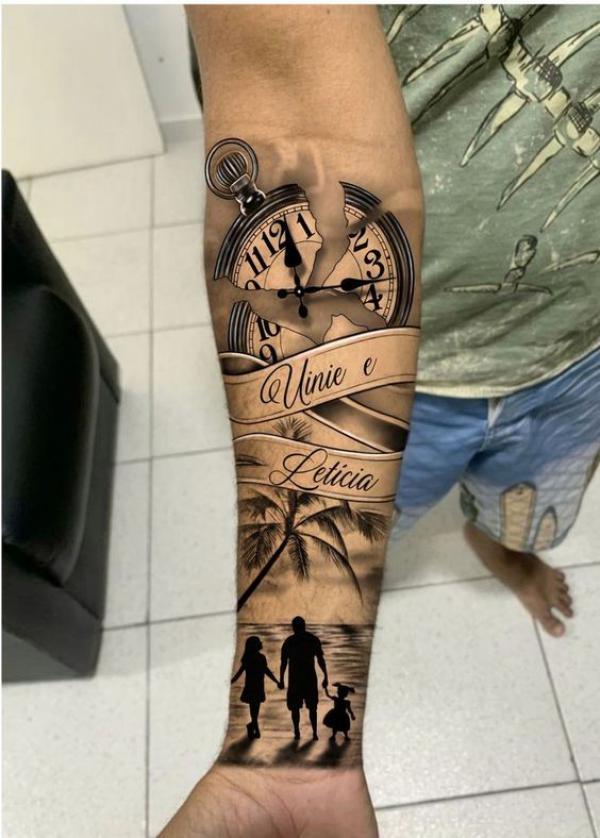 Pocket watch and family at beach forearm tattoo
