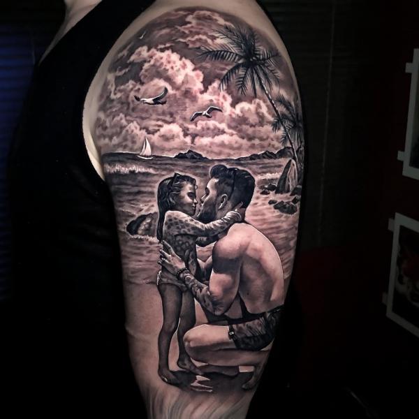 Realistic daddy and daughter at beach tattoo