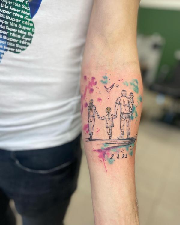 Simple family line work tattoo on watercolor backdrop