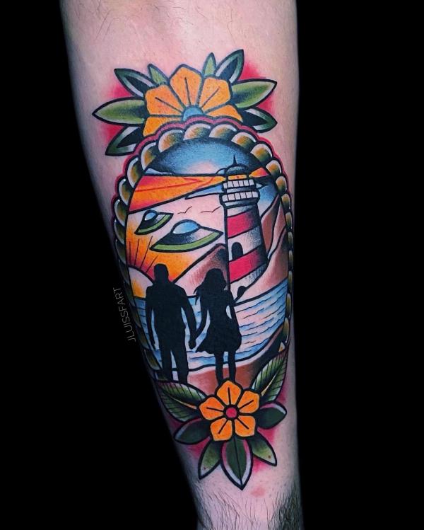 Traditional family and lighthouse tattoo