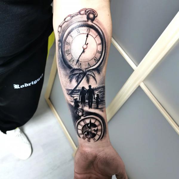 Two pocket watches and family inner forearm tattoo