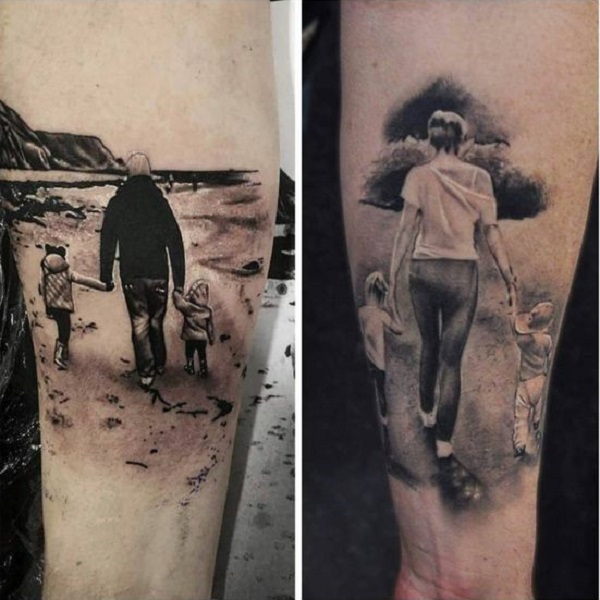 taking the children by parents in Black and white