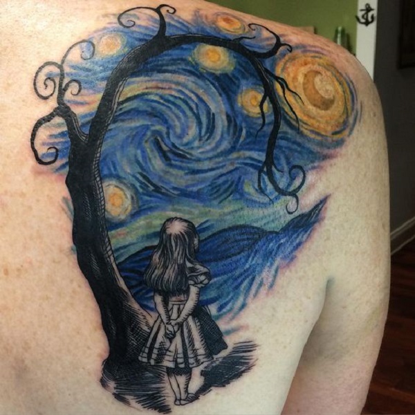 vincent van gogh tattoos Lonely Girl in Starry Night Tattoo