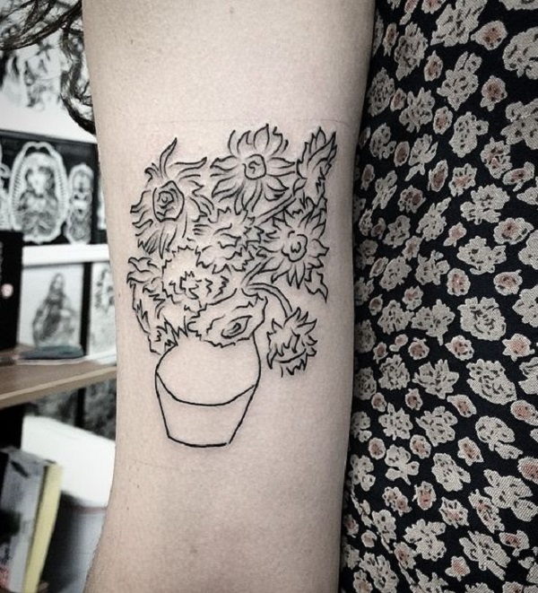 vincent van gogh tattoos Sketched Vase of Sunflowers Tattoo