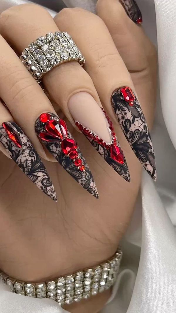 Stiletto Nails with Black Lace with Red Rhinestones
