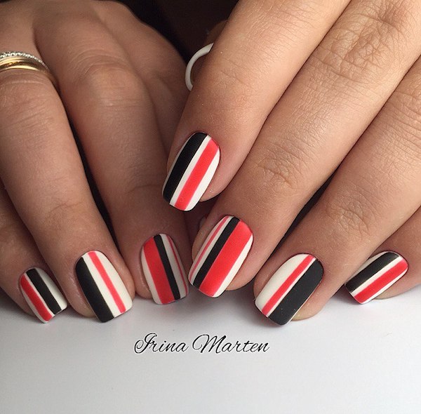 Red black and white stripes nail art 13