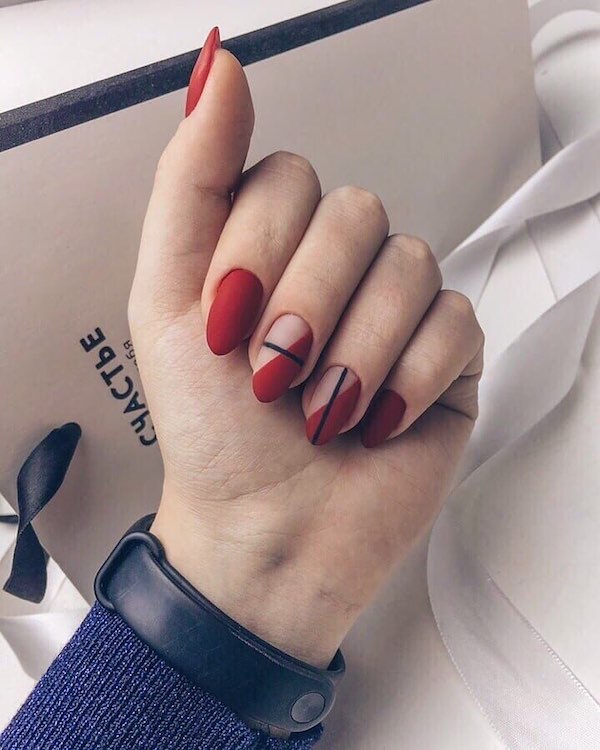 Red with black lines nail art 11