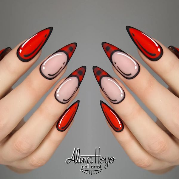 popart nail art - black and red stiletto nails
