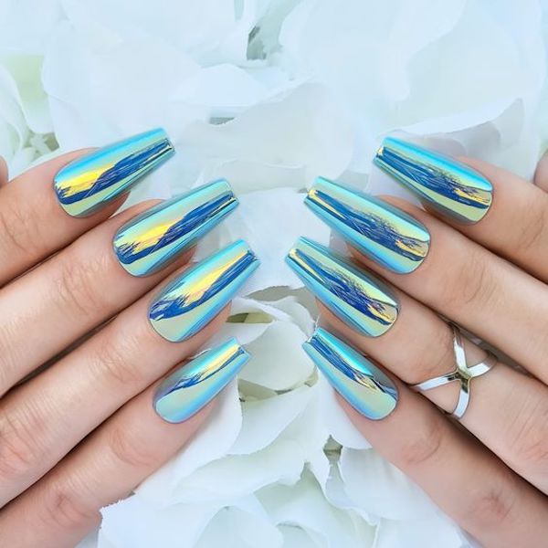 Blue holographic coffin nail Blue holographic coffin nails