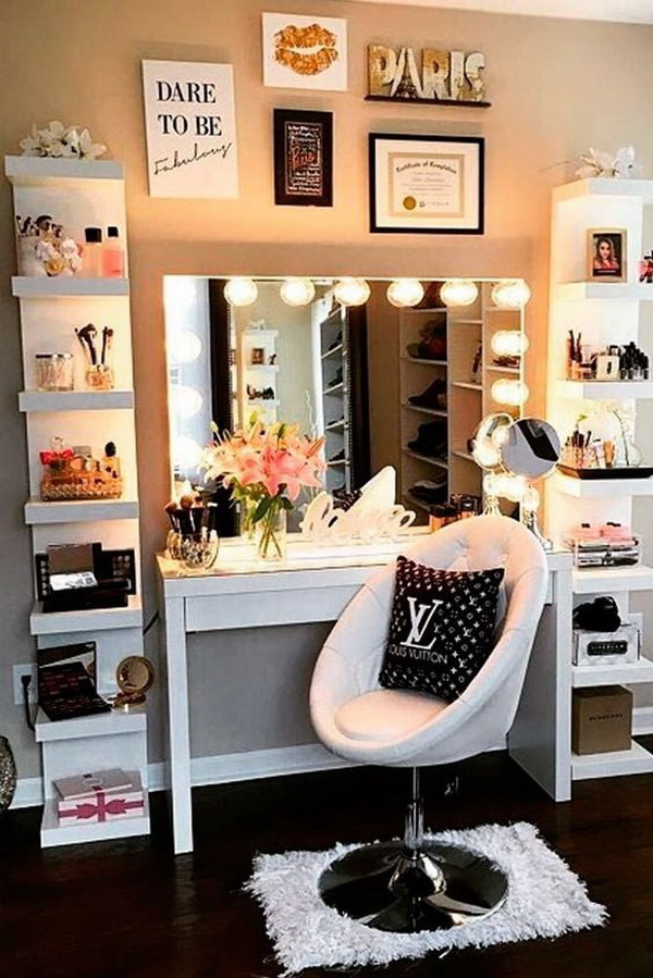 Bright vanity room with symmetric wall shelves Bright vanity room with symmetric wall shelves