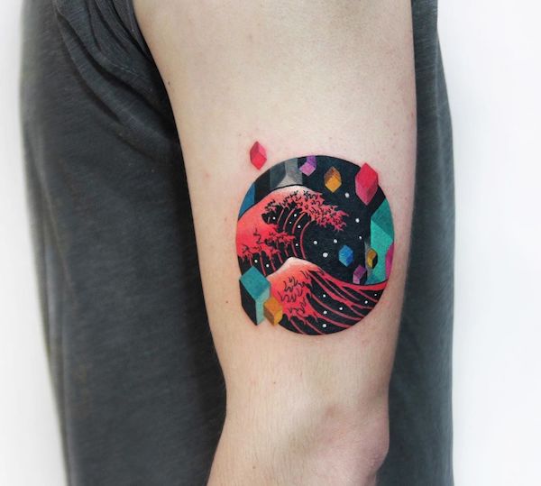 Great wave with geometric cubes under the stars