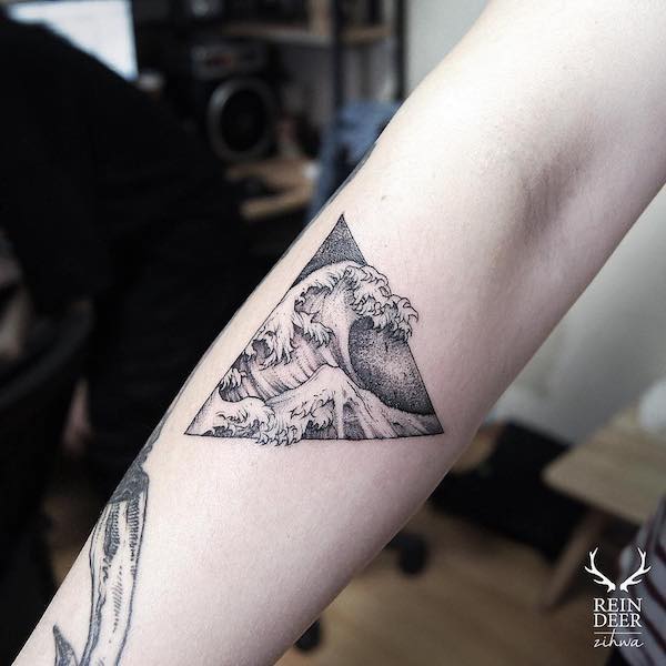 Miniature tattoo of Great Wave in black and gray style Miniature tattoo of Great Wave in black and gray style